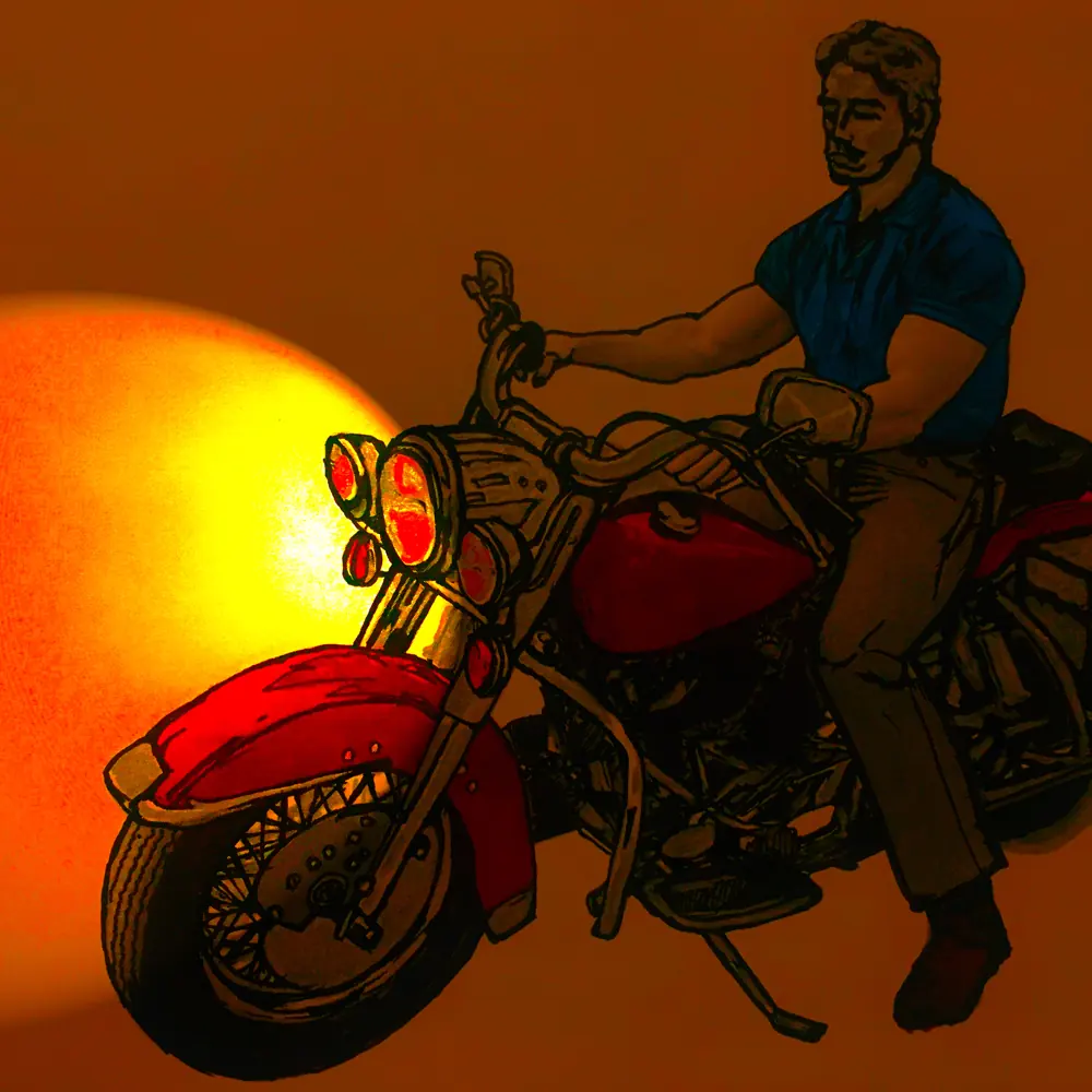Rider on a red motorcycle against a glowing orange sun
