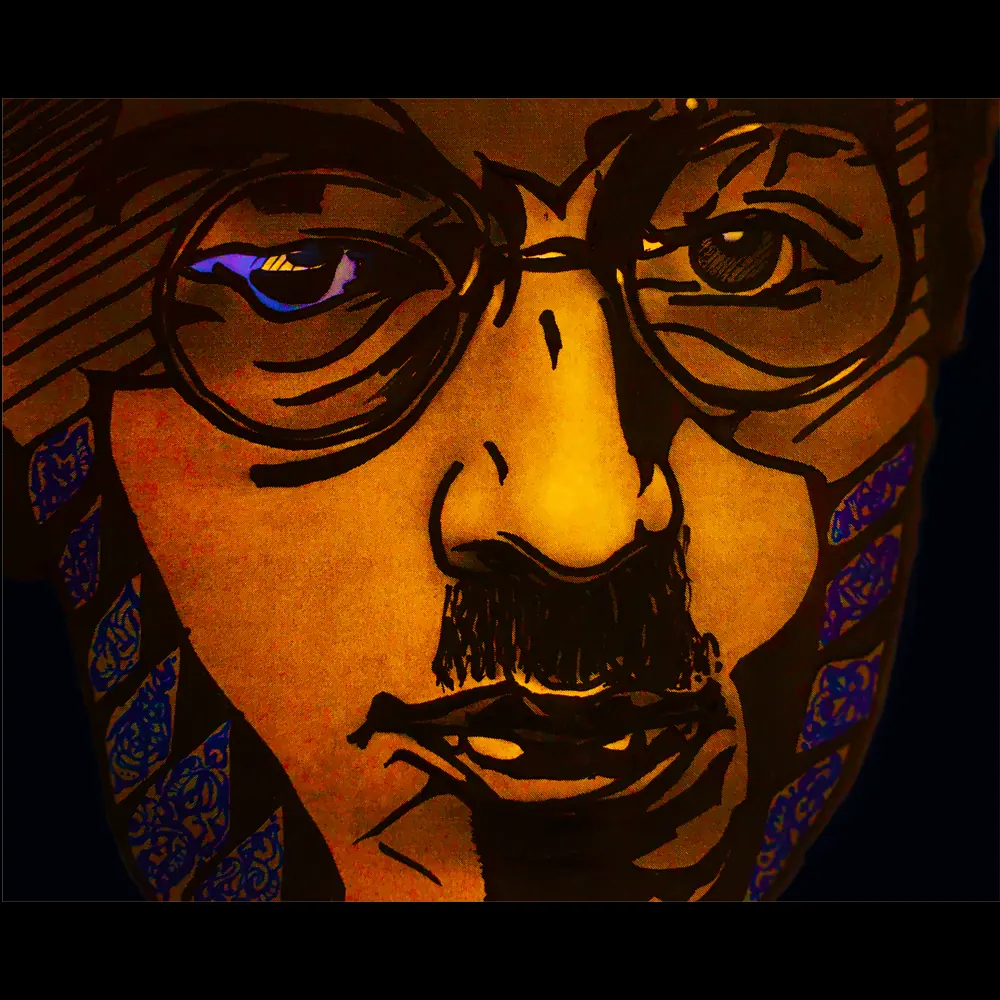 Stylised orange portrait of a man with glasses and a moustache