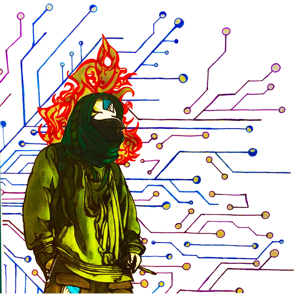 Figure in a red ornamental crown standing before a circuit-board pattern