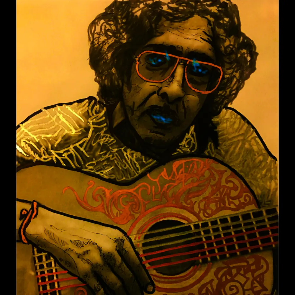 Golden line portrait of a guitarist wearing glasses