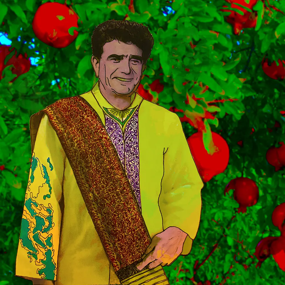 Illustrated portrait of master vocalist Mohammad-Reza Shajarian in a yellow robe among pomegranates