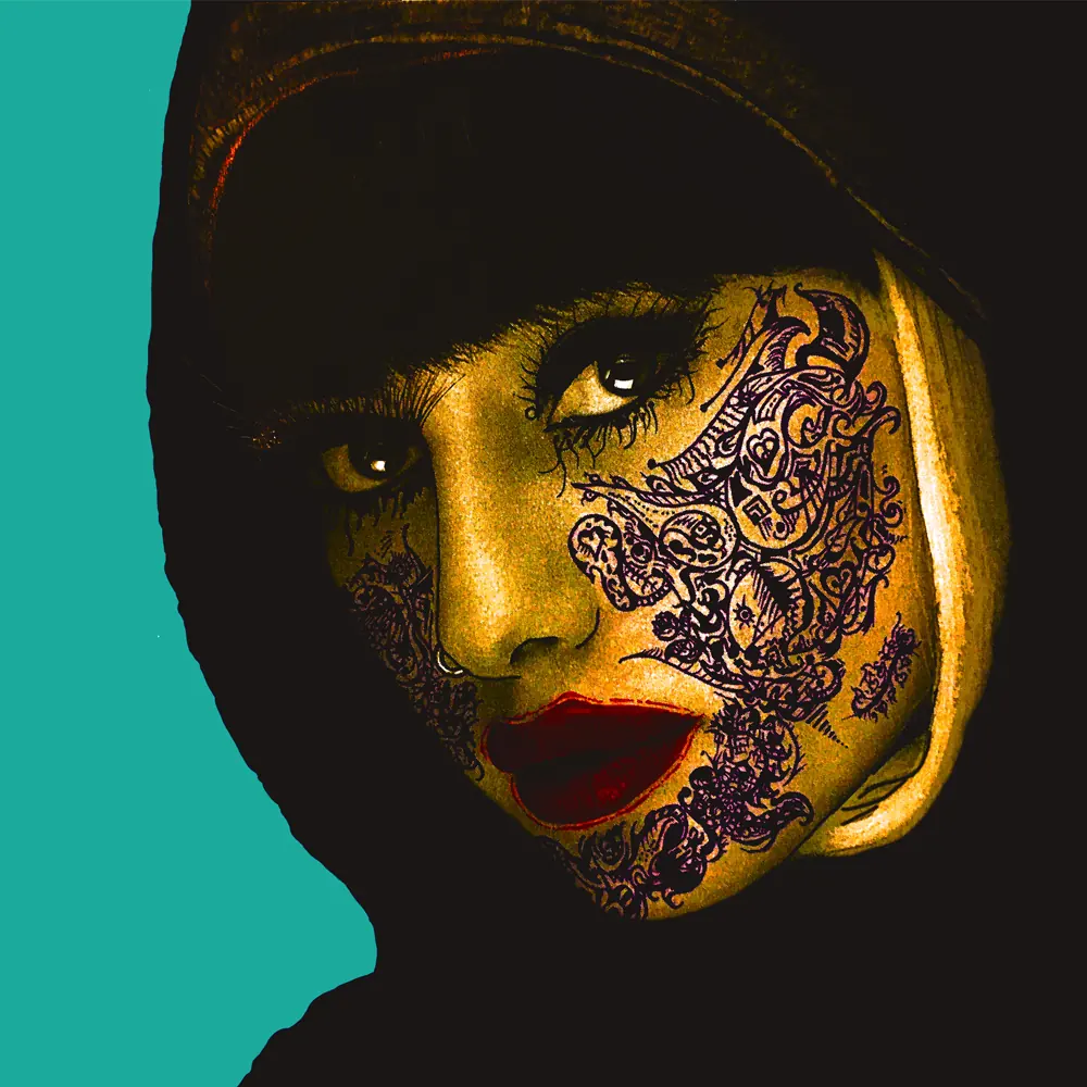 Portrait of a woman with patterned face tattoos against a teal background
