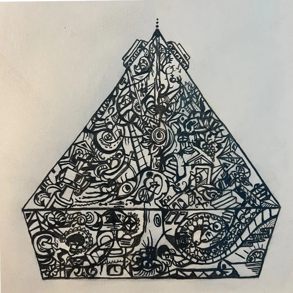 Ink drawing of a pyramid filled with intricate calligraphic and organic patterns